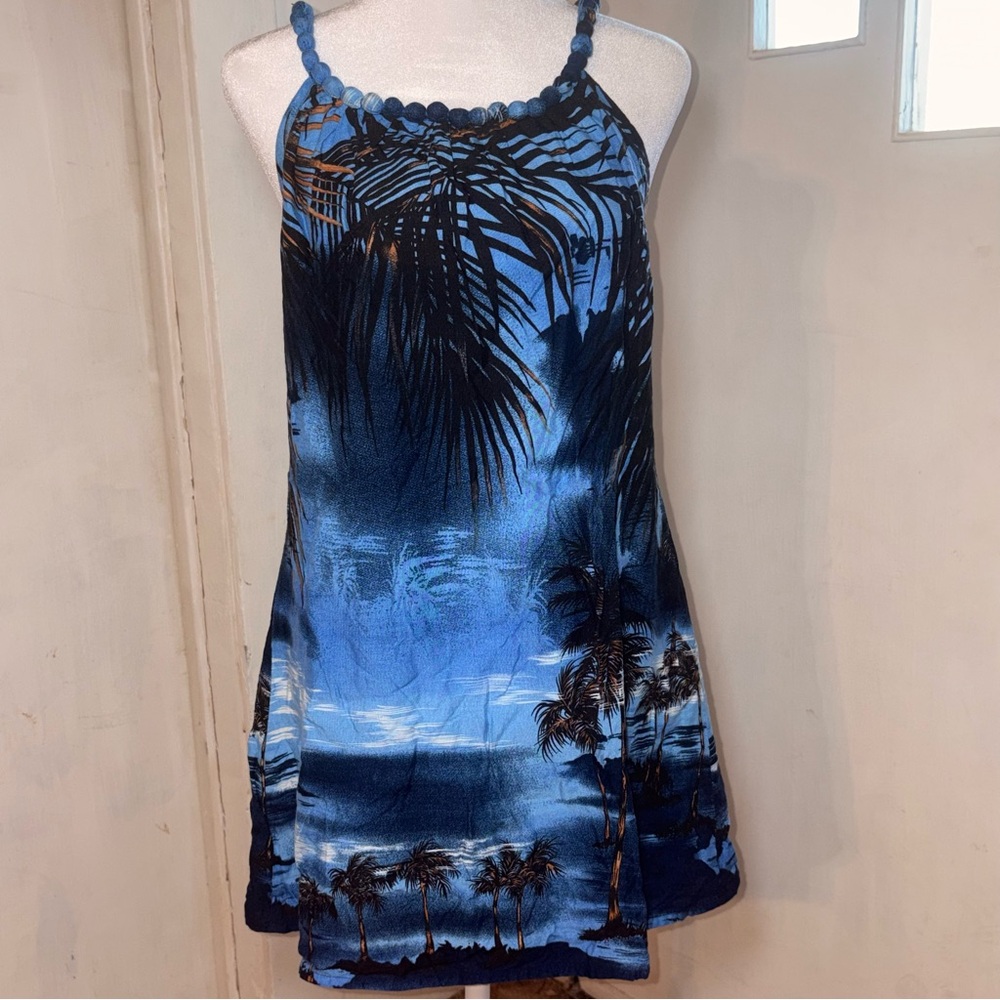 Blue Tropical Palm Tree Mini Dress Y2K Beachcore Halter Beaded Straps Summer